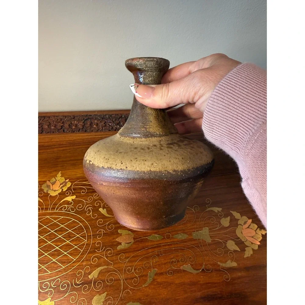 Vintage Studio Pottery Vase, Signed‎ Brown Drip Glaze Bud Vase